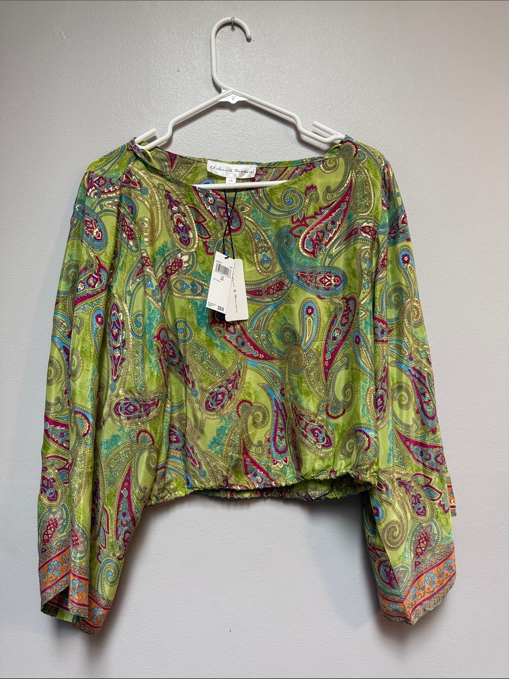 Chelsea & Theodore Green Paisley Long-Sleeve Crop Top